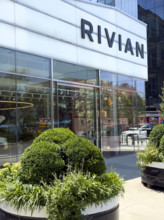 Rivian electric vehicle showroom, building exterior, 461 West 14th Street, Meatpacking District,