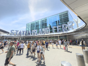 Crowd of people at Staten Island Ferry, Whitehall Terminal, 4 South Street, Financial District,