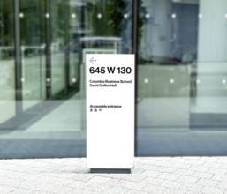 Sign outside of David Geffen Hall, Columbia University Business School, Columbia University,