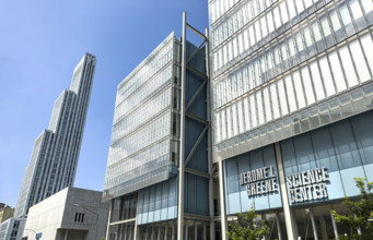 Jerome L. Greene Science Center (right), Lee C. Bullinger Forum and 34-story residential tower