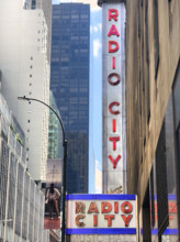 Radio City Music Hall, building exterior detail, low angle view, Manhattan, New York City, New