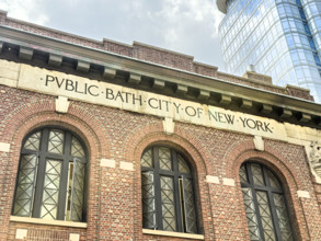 Gertrude Ederle Recreation Center, formerly a public bathhouse, building exterior with inscription