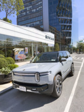 Rivian electric SUV and showroom exterior, 461 West 14th Street, Meatpacking District, Manhattan,