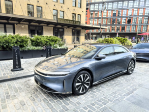 Lucid Studio showroom exterior and Lucid electric vehicle parked on street, 2 9th Avenue,