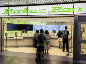 Travelers waiting at ticket window, Peter Pan Bus Lines, Port Authority Bus Terminal, 625 Eighth