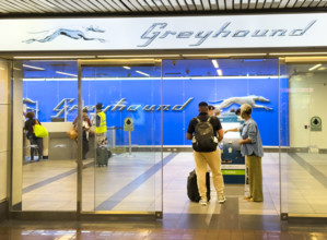 Travelers purchasing tickets at Greyhound Bus ticket office, Port Authority Bus Terminal, 625