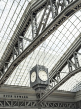 Skylight and hanging 4-sided clock above passenger concourse, Moynihan Train Hall, Pennsylvania