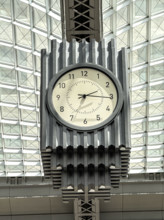 Skylight and hanging 4-sided clock above passenger concourse, Moynihan Train Hall, Pennsylvania