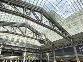 Skylight and hanging 4-sided clock above passenger concourse, Moynihan Train Hall, Pennsylvania