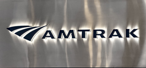 Amtrak sign detail, Moynihan Train Hall, Pennsylvania Station, Manhattan, New York City, New York,