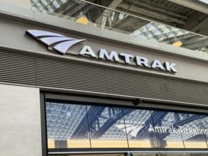 Amtrak sign, Moynihan Train Hall, Pennsylvania Station, Manhattan, New York City, New York, USA