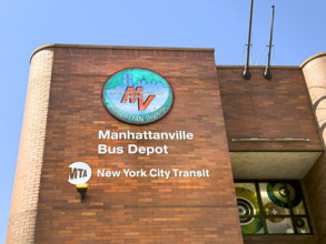 MTA/NYCT Manhattanville Bus Depot, building exterior detail, low angle view, 601 West 133rd Street,