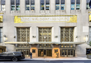 Waldorf Astoria, luxury hotel and condominium residence, building exterior detail and street scene,