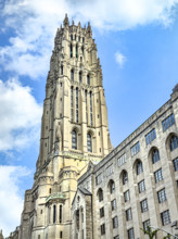 Riverside Church, building exterior detail, low angle view of tower, Morningside Heights,