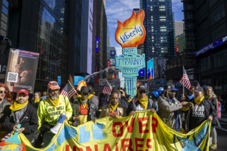 Demonstrators participating in "No Kings" Protest March, Times Square, Manhattan, New York City,