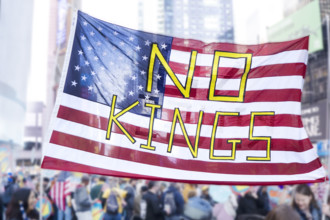 Demonstrators participating in "No Kings" Protest March, Times Square, Manhattan, New York City,
