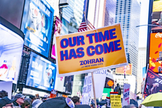 Demonstrators participating in "No Kings" Protest March, Times Square, Manhattan, New York City,
