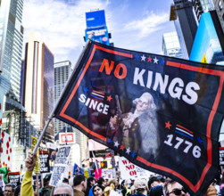Demonstrators participating in "No Kings" Protest March, Times Square, Manhattan, New York City,