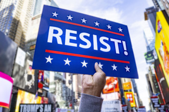 Demonstrators participating in "No Kings" Protest March, Times Square, Manhattan, New York City,
