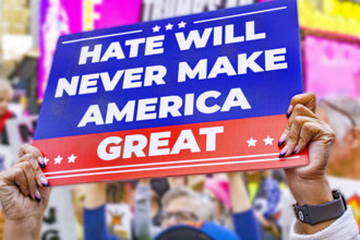 Demonstrators participating in "No Kings" Protest March, Times Square, Manhattan, New York City,