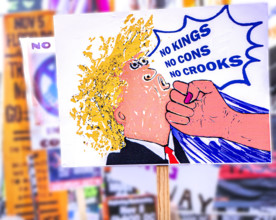 Demonstrators participating in "No Kings" Protest March, Times Square, Manhattan, New York City,