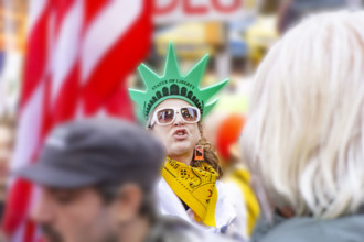 Demonstrators participating in "No Kings" Protest March, Times Square, Manhattan, New York City,