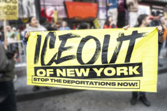 Demonstrators participating in "No Kings" Protest March, Times Square, Manhattan, New York City,