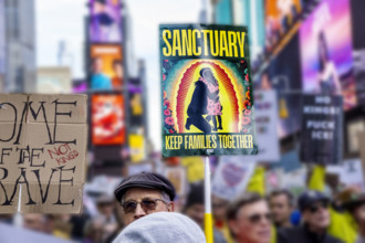 Demonstrators participating in "No Kings" Protest March, Times Square, Manhattan, New York City,