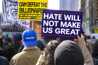 Demonstrators participating in "No Kings" Protest March, Times Square, Manhattan, New York City,