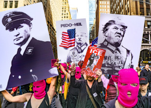 Demonstrators participating in "No Kings" Protest March, Times Square, Manhattan, New York City,