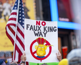 Demonstrators participating in "No Kings" Protest March, Times Square, Manhattan, New York City,