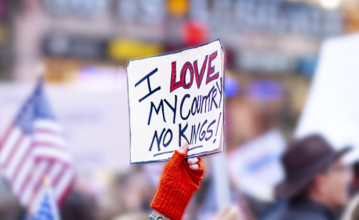 Demonstrators participating in "No Kings" Protest March, Times Square, Manhattan, New York City,