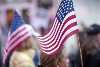 Demonstrators participating in "No Kings" Protest March, Times Square, Manhattan, New York City,