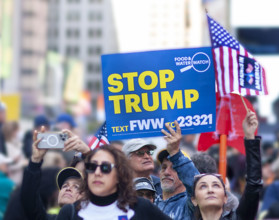 Demonstrators participating in "No Kings" Protest March, Times Square, Manhattan, New York City,