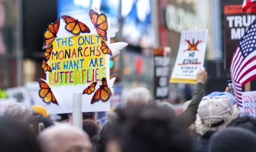 Demonstrators participating in "No Kings" Protest March, Times Square, Manhattan, New York City,
