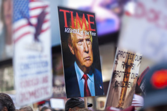 Demonstrators participating in "No Kings" Protest March, Times Square, Manhattan, New York City,