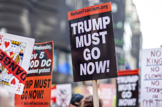 Demonstrators participating in "No Kings" Protest March, Times Square, Manhattan, New York City,