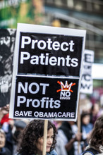 Demonstrators participating in "No Kings" Protest March, Times Square, Manhattan, New York City,