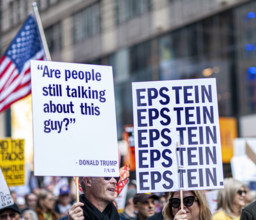 Demonstrators participating in "No Kings" Protest March, Times Square, Manhattan, New York City,