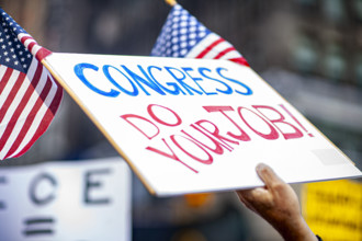 Demonstrators participating in "No Kings" Protest March, Times Square, Manhattan, New York City,