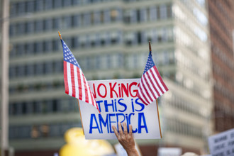 Demonstrators participating in "No Kings" Protest March, Times Square, Manhattan, New York City,