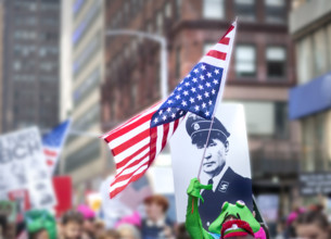 Demonstrators participating in "No Kings" Protest March, Times Square, Manhattan, New York City,