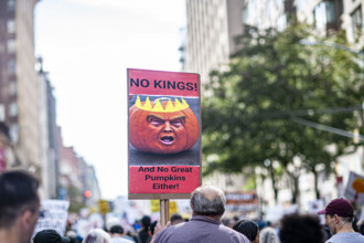 Demonstrators participating in "No Kings" Protest March, Times Square, Manhattan, New York City,