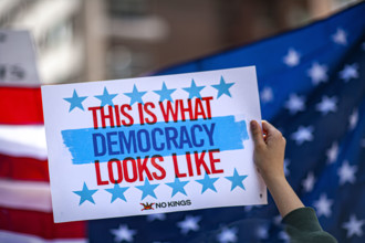 Demonstrators participating in "No Kings" Protest March, Times Square, Manhattan, New York City,