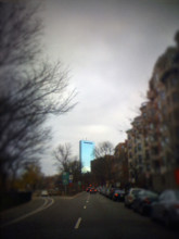John Hancock Tower viewed from Commonwealth Avenue on cloudy day, Boston, Massachusetts, USA