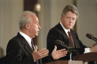 U.S. President Bill Clinton and Israeli Prime Minister Yitzhak Rabin delivering press statement,