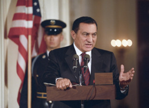 Egyptian President Hosni Mubarak during press conference in the East Room of the White House,