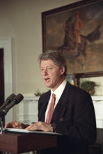 U.S. President Bill Clinton giving speech in Roosevelt Room of the White House, Washington, D.C.,