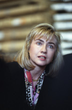 U.S. First Lady Hilary Clinton participating in health care costs discussion with Glazer Steel