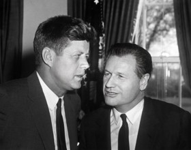 U.S. President John F. Kennedy talking with Governor of New York Nelson Rockefeller in the Oval